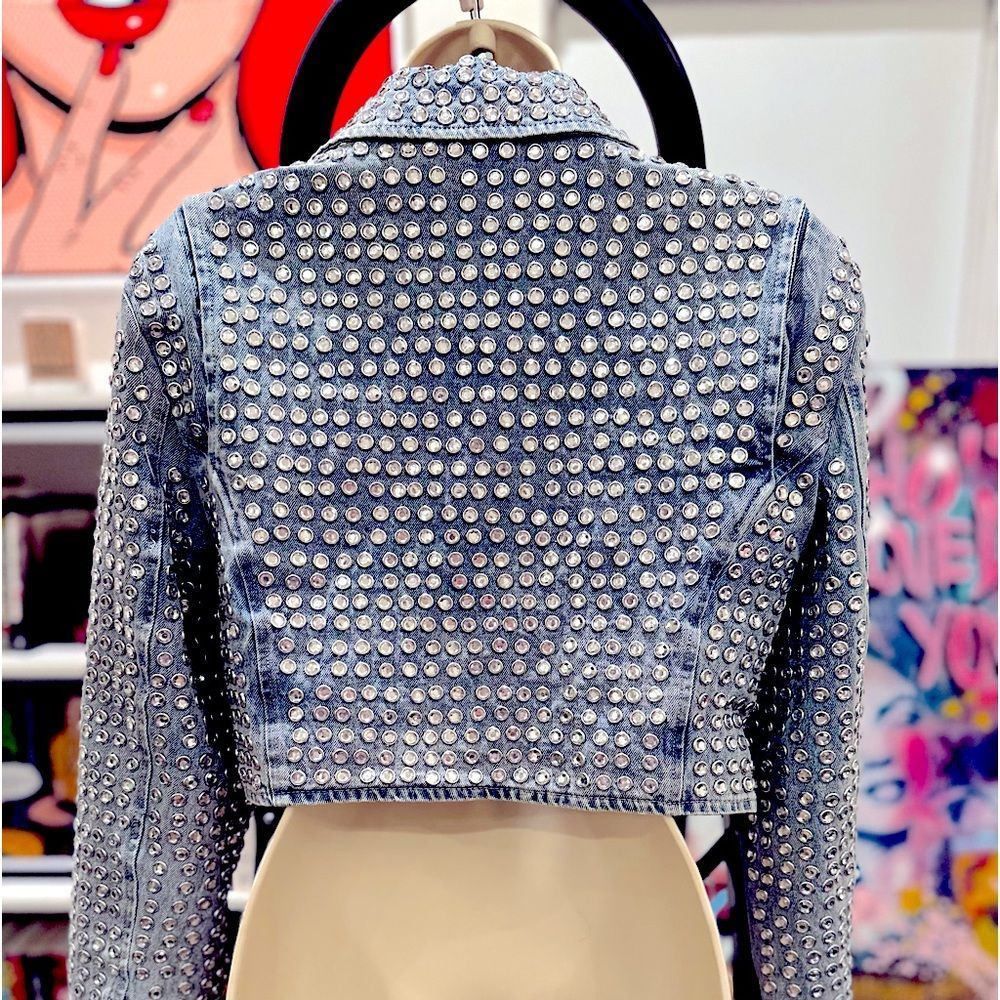- AZALEA WANG GAZETTE 3000 STUDS MOTO JACKET IN DENIM NWT MULTIPLE - Picture 5 of 11